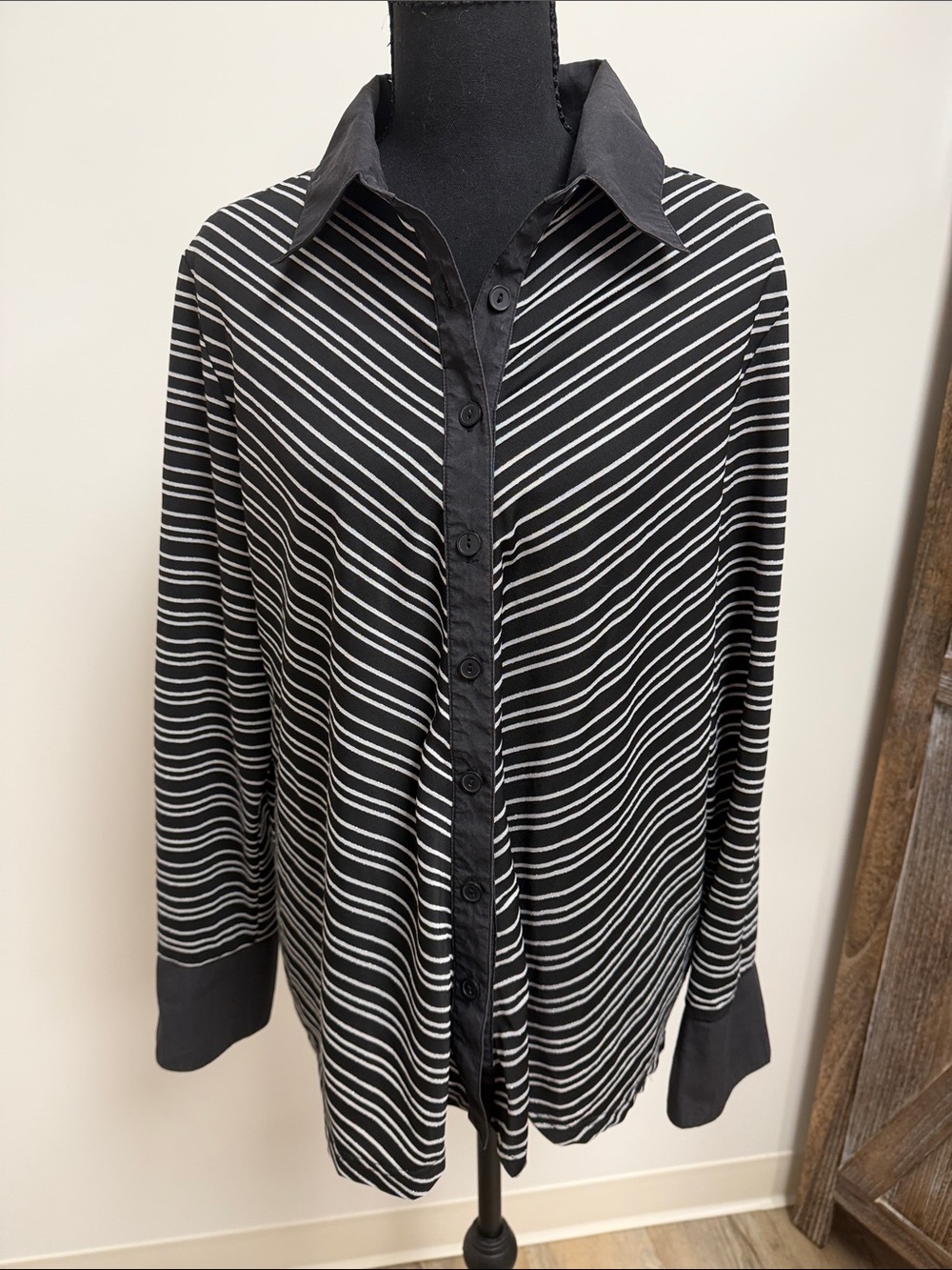 Lane Bryant Black and White Diagonal Stripe Button-Down Shirt